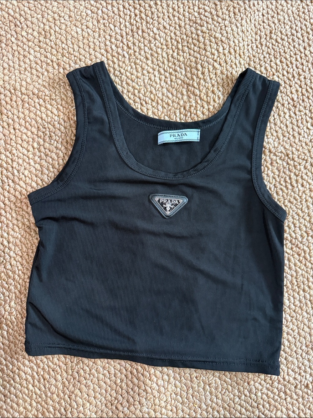 Prada Black Ribbed Tank Crop with Triangle Logo